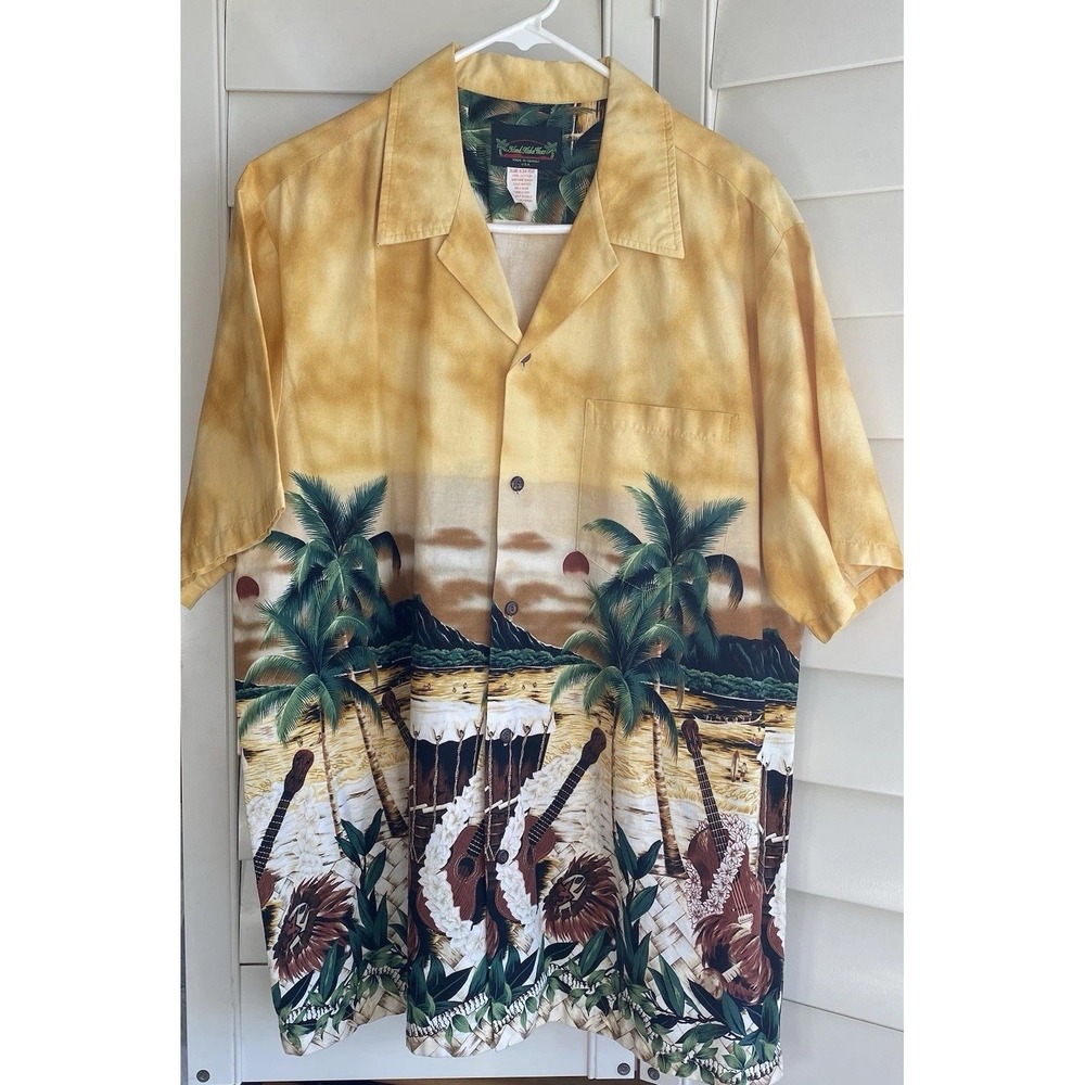 Vintage Island Aloha Wear‎ Shirt XL Guitar Beach Sunset Hawaiian Camp Surf USA